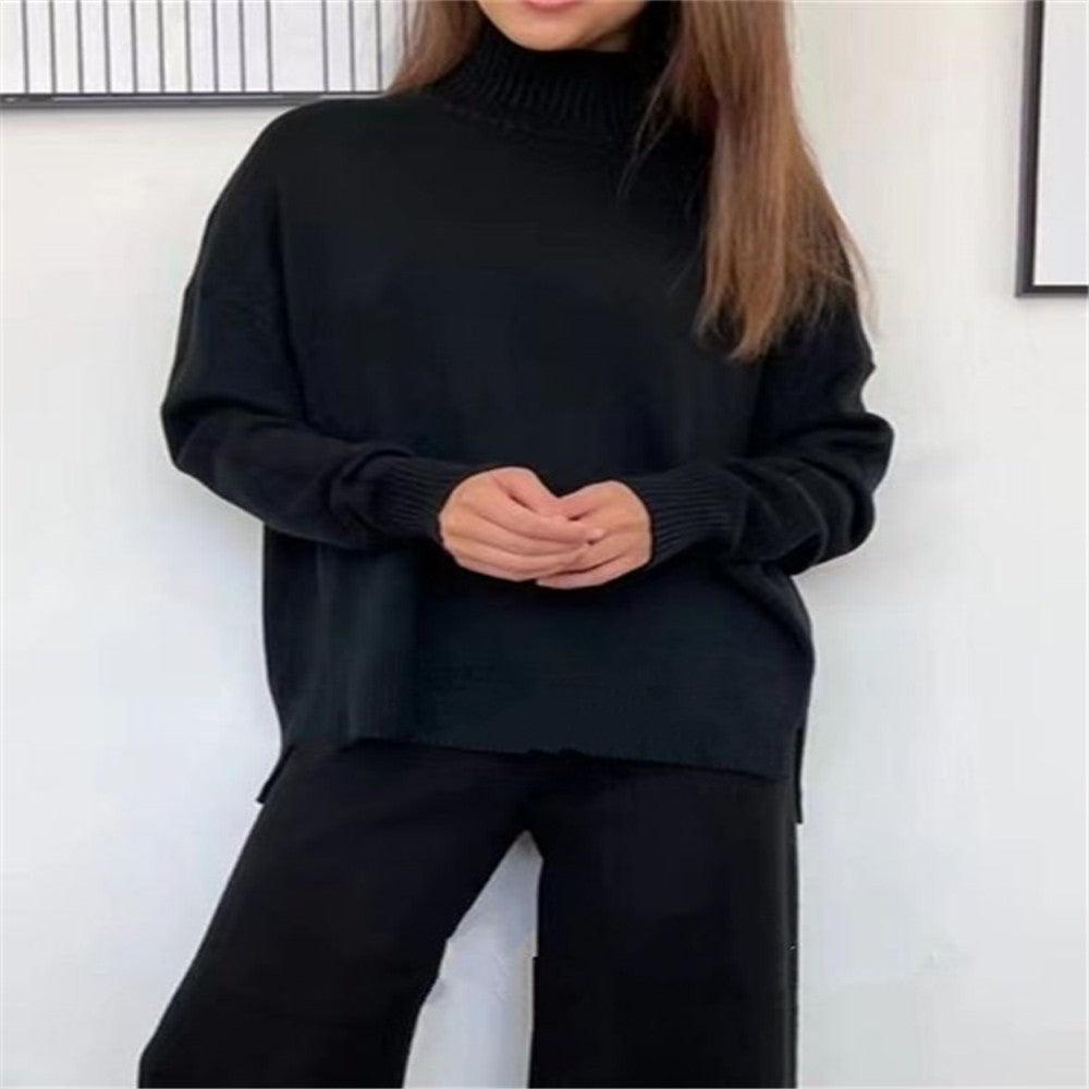 2 Pieces Women Sets Knitted Tracksuit Turtleneck Sweater - Amazitshop