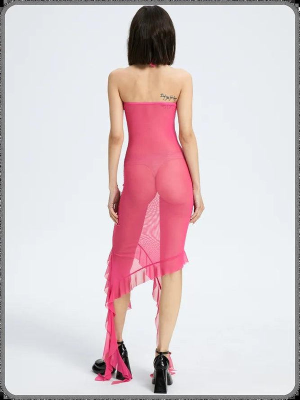 2023 Net Yarn Flower Sexy Waist Tube Top Hip Dress - Amazitshop