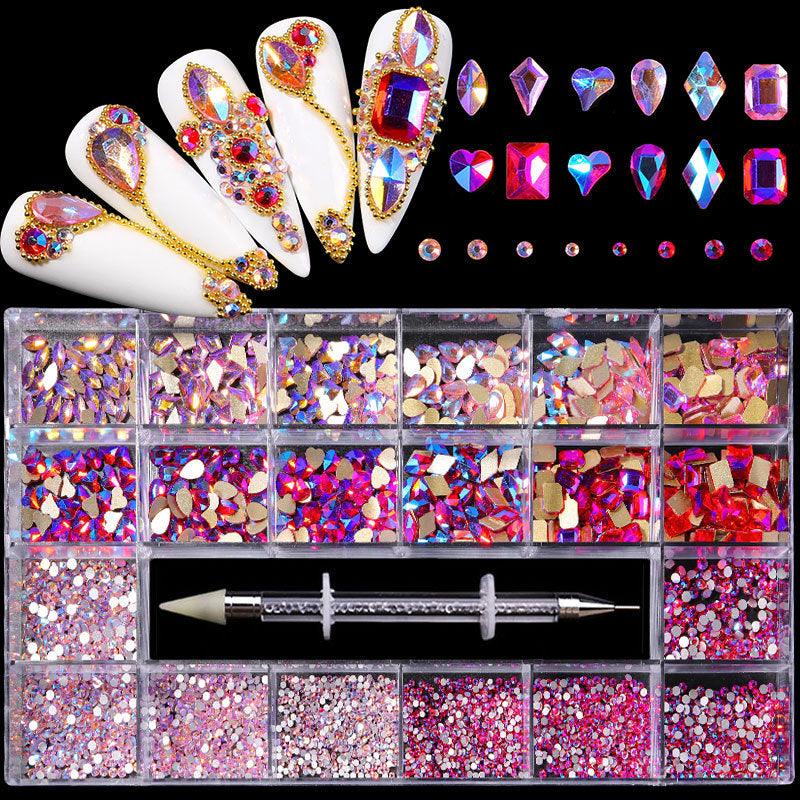 21 Grid Boxed Nail Rhinestone Flat Glass Nail Rhinestone Jewelry Set - Amazitshop