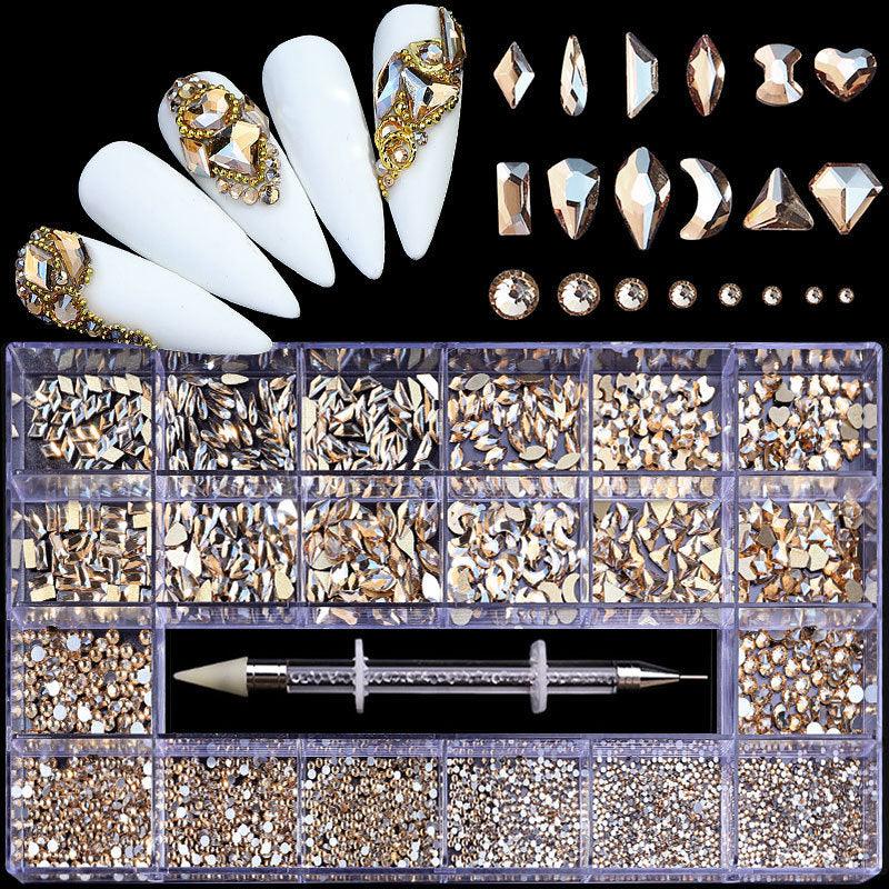 21 Grid Boxed Nail Rhinestone Flat Glass Nail Rhinestone Jewelry Set - Amazitshop