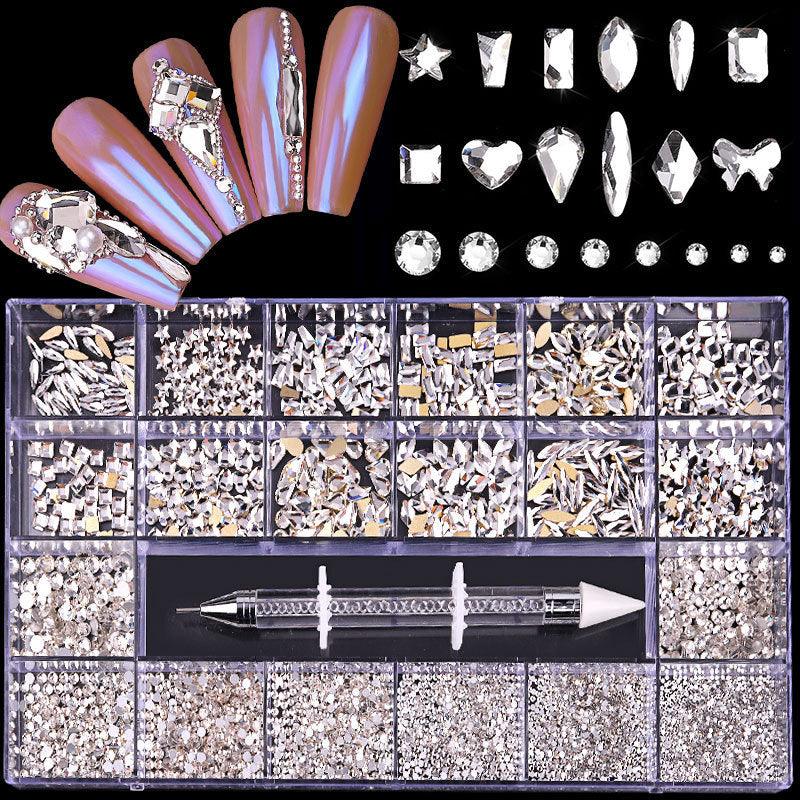 21 Grid Boxed Nail Rhinestone Flat Glass Nail Rhinestone Jewelry Set - Amazitshop