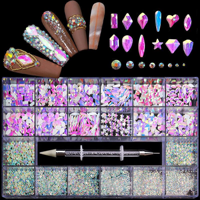 21 Grid Boxed Nail Rhinestone Flat Glass Nail Rhinestone Jewelry Set - Amazitshop