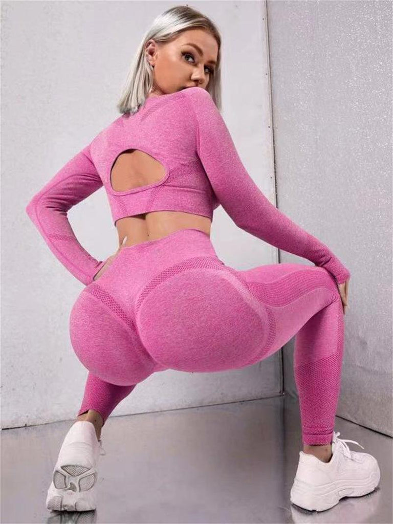 2pcs Sports Suits Long Sleeve Hollow Design Tops And Butt Lifting High Waist Seamless Fitness Leggings Sports Gym Sportswear Outfits Clothing - Amazitshop