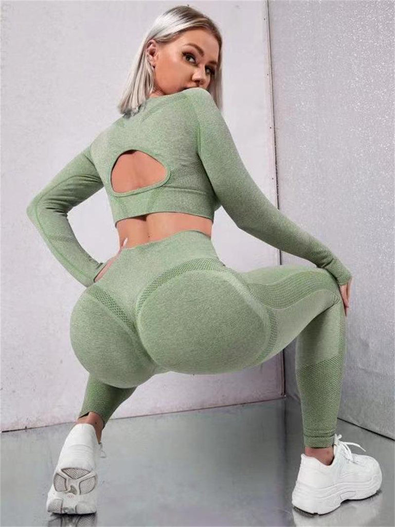 2pcs Sports Suits Long Sleeve Hollow Design Tops And Butt Lifting High Waist Seamless Fitness Leggings Sports Gym Sportswear Outfits Clothing - Amazitshop