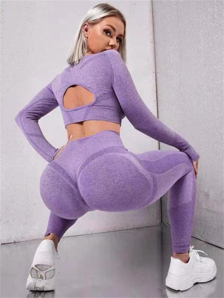2pcs Sports Suits Long Sleeve Hollow Design Tops And Butt Lifting High Waist Seamless Fitness Leggings Sports Gym Sportswear Outfits Clothing - Amazitshop