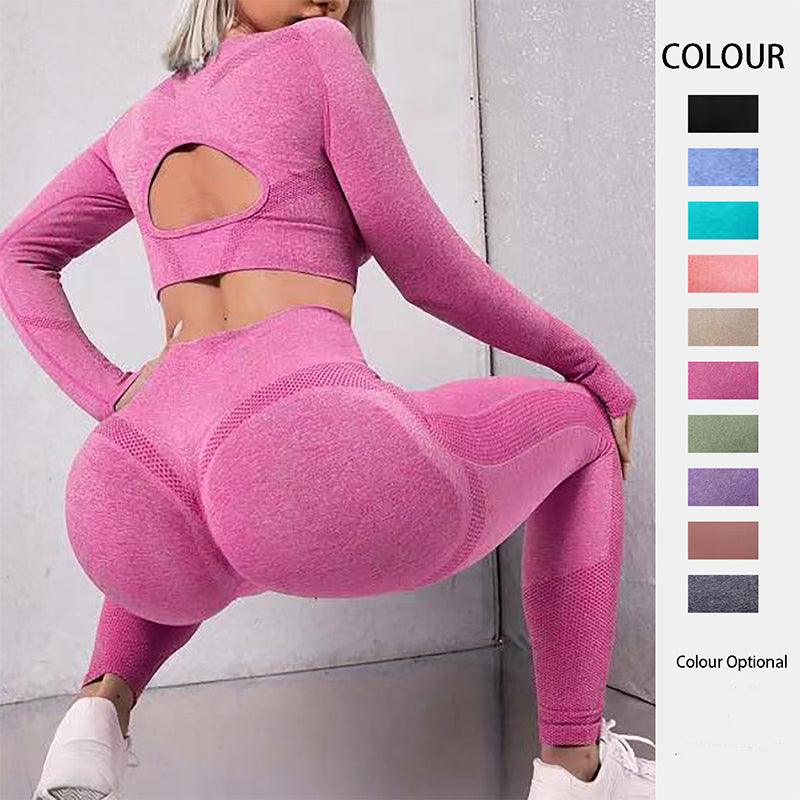 2pcs Sports Suits Long Sleeve Hollow Design Tops And Butt Lifting High Waist Seamless Fitness Leggings Sports Gym Sportswear Outfits Clothing - Amazitshop