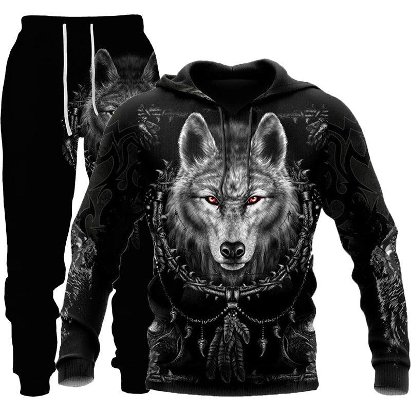 3D Wolf Print Tracksuit Men Sportswear Hooded Sweatsuit Two Piece Outdoors Running Fitness Mens Clothing Jogging Set - Amazitshop