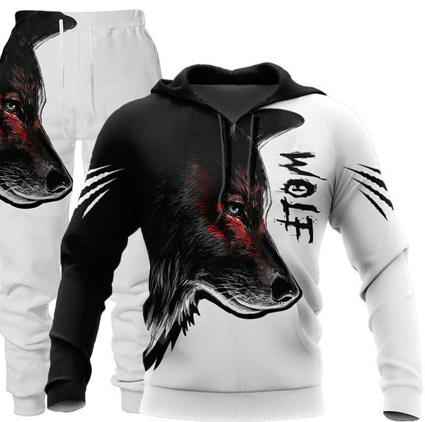 3D Wolf Print Tracksuit Men Sportswear Hooded Sweatsuit Two Piece Outdoors Running Fitness Mens Clothing Jogging Set - Amazitshop