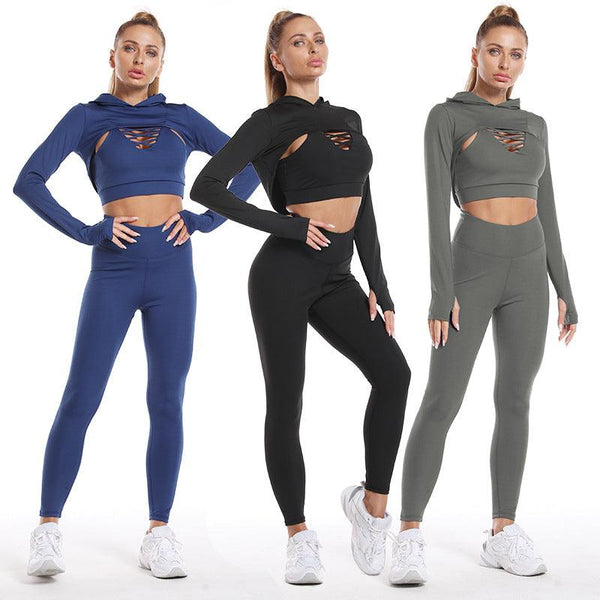 3pcs Sports Suits Long Sleeve Hooded Top Hollow Design Camisole And Butt Lifting High Waist Seamless Fitness Leggings Sports Gym Outfits Clothing - Amazitshop
