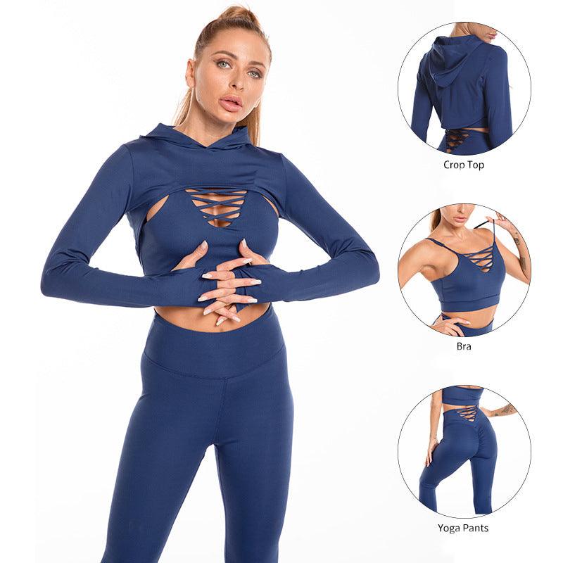 3pcs Sports Suits Long Sleeve Hooded Top Hollow Design Camisole And Butt Lifting High Waist Seamless Fitness Leggings Sports Gym Outfits Clothing - Amazitshop