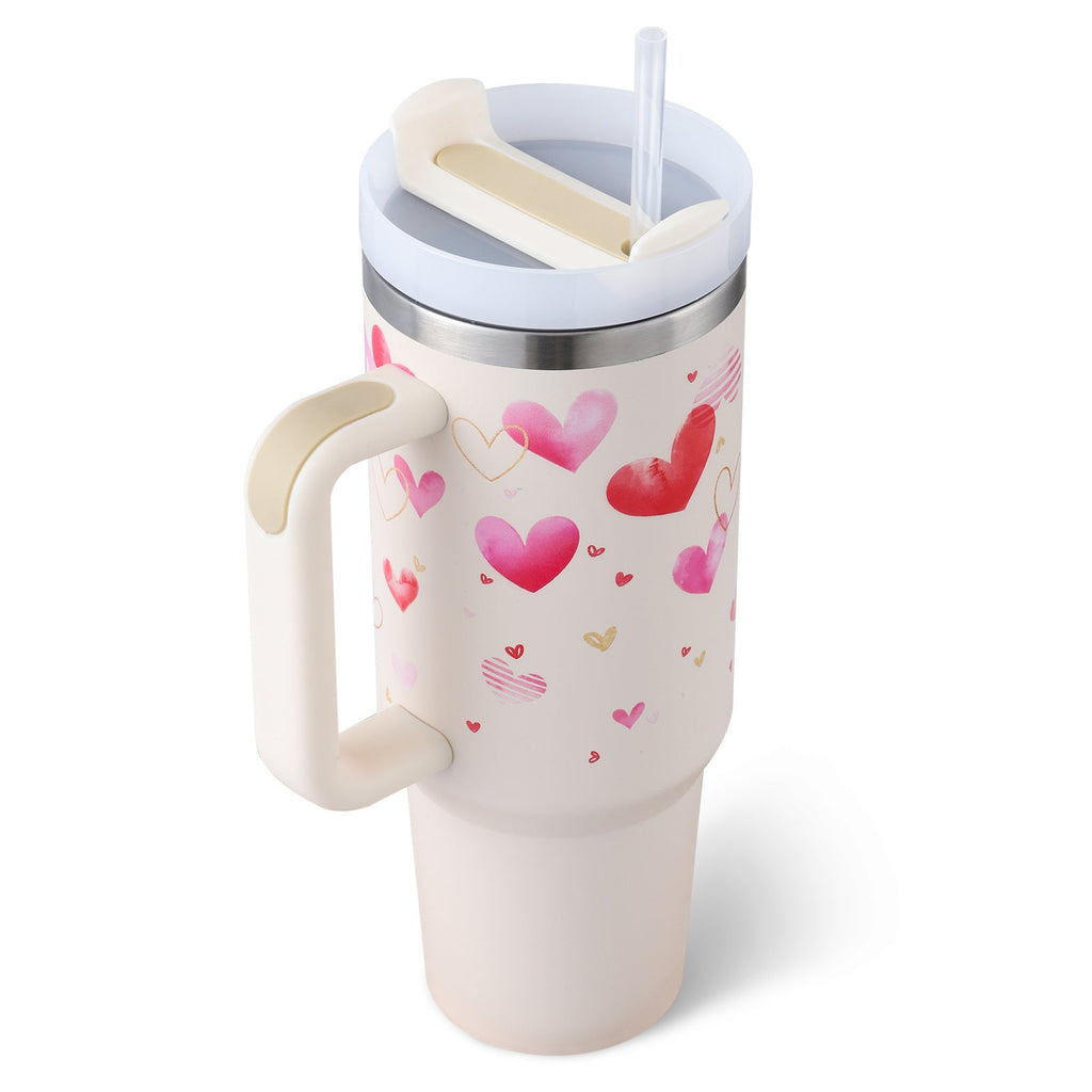 40 Oz Tumbler With Handle Straw Insulated, Stainless Steel Spill Proof Vacuum Coffee Cup Tumbler With Lid Tapered Mug Gifts For Valentine Lover Suitable For Car Gym Office Travel - Amazitshop