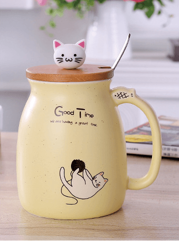 450ml Cartoon Ceramics Cat Mug With Lid and Spoon Coffee Milk Tea Mugs Breakfast Cup Drinkware Novelty Gifts - Amazitshop