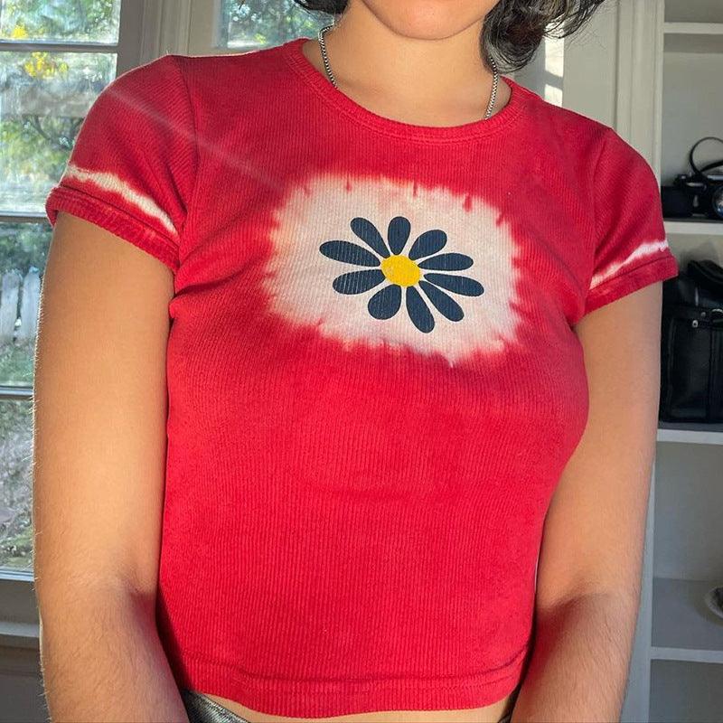 Aesthetic Graphic T Shirts Women Flower Print O Neck Tee - Amazitshop