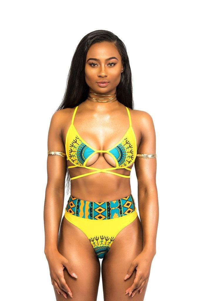 African Print Two - Pieces Bath Suits Bikini Set Sexy Geometric Swimwear Swimsuit Golden High Waist Swimming Suit - Amazitshop