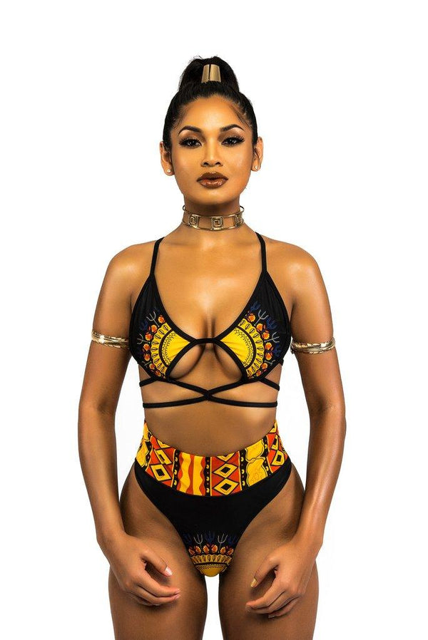 African Print Two - Pieces Bath Suits Bikini Set Sexy Geometric Swimwear Swimsuit Golden High Waist Swimming Suit - Amazitshop