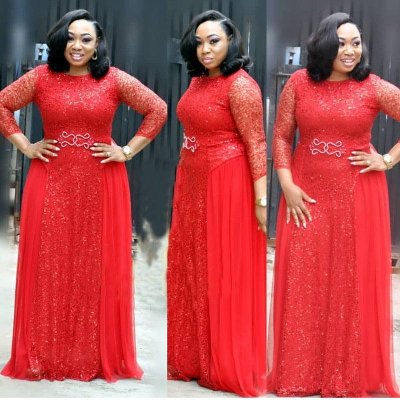 African Women's Dresses Fat Woman Dresses Lace Navy Blue Red - Amazitshop