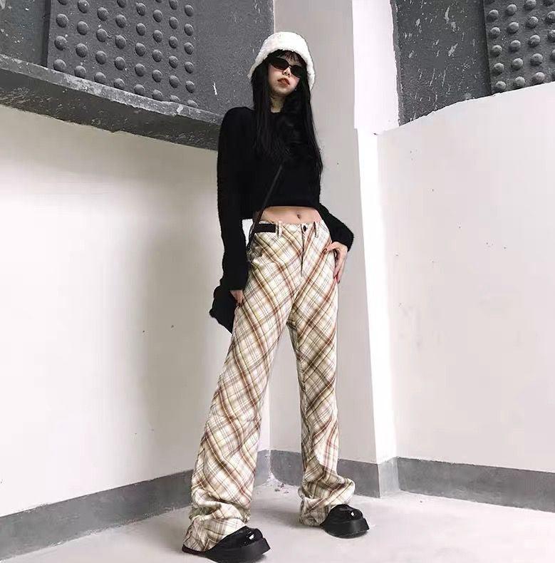 American Retro Flared High Waist Plaid Pants - Amazitshop