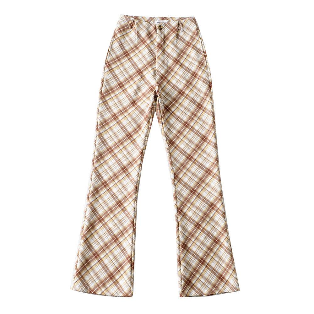 American Retro Flared High Waist Plaid Pants - Amazitshop