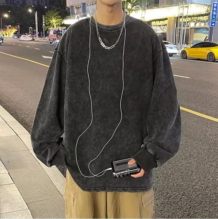 American Retro Pure Cotton Washed Old Long - sleeved T-shirt Men's Round Neck Top - Amazitshop