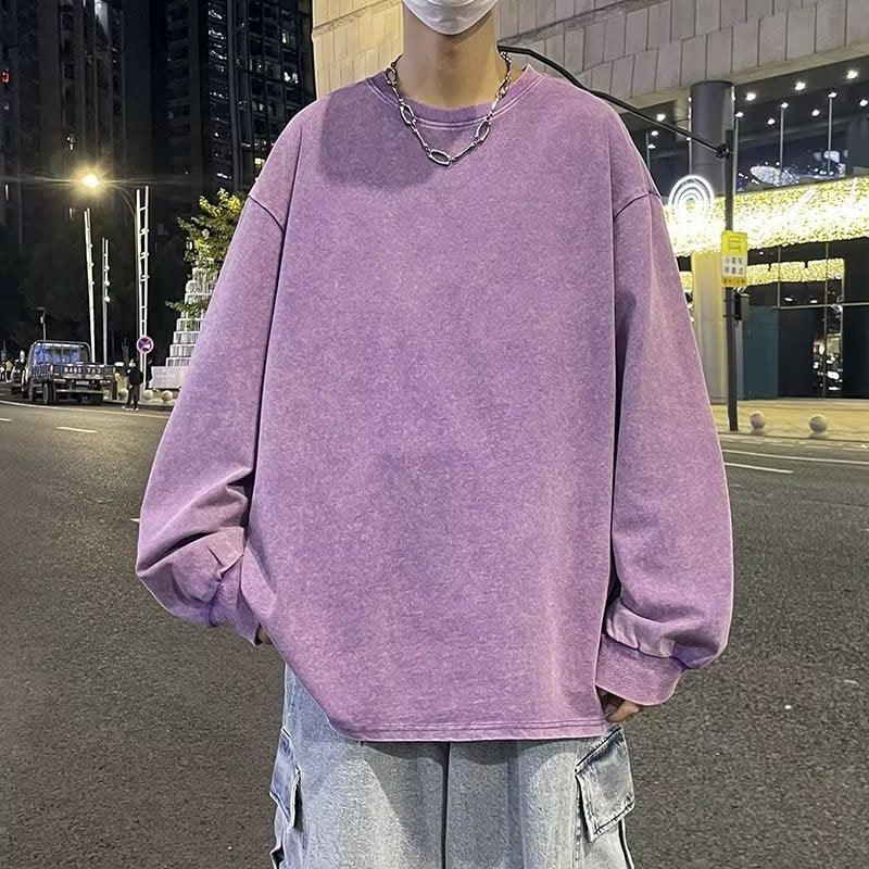 American Retro Pure Cotton Washed Old Long - sleeved T-shirt Men's Round Neck Top - Amazitshop