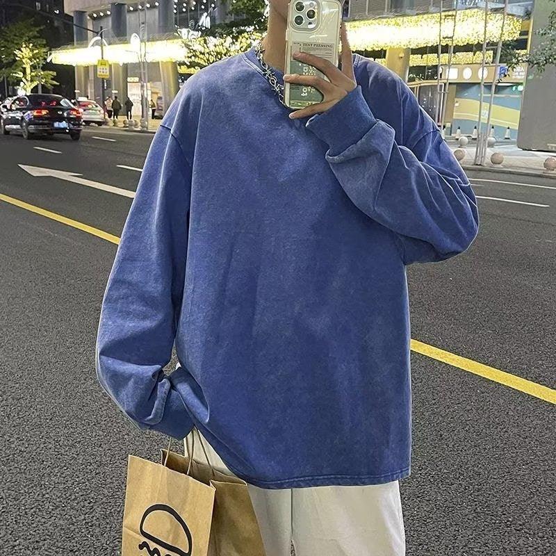 American Retro Pure Cotton Washed Old Long - sleeved T-shirt Men's Round Neck Top - Amazitshop