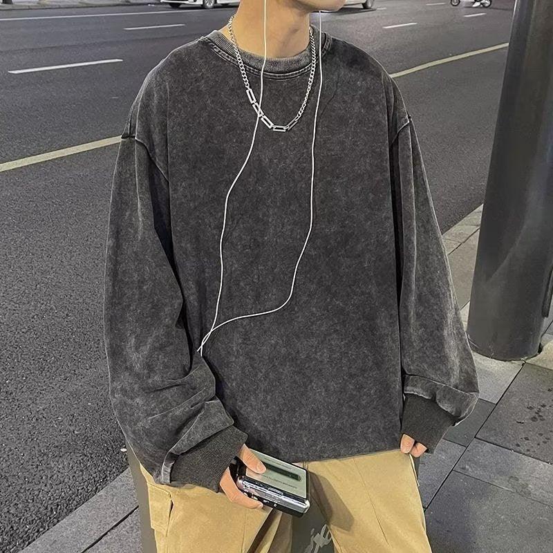 American Retro Pure Cotton Washed Old Long - sleeved T-shirt Men's Round Neck Top - Amazitshop