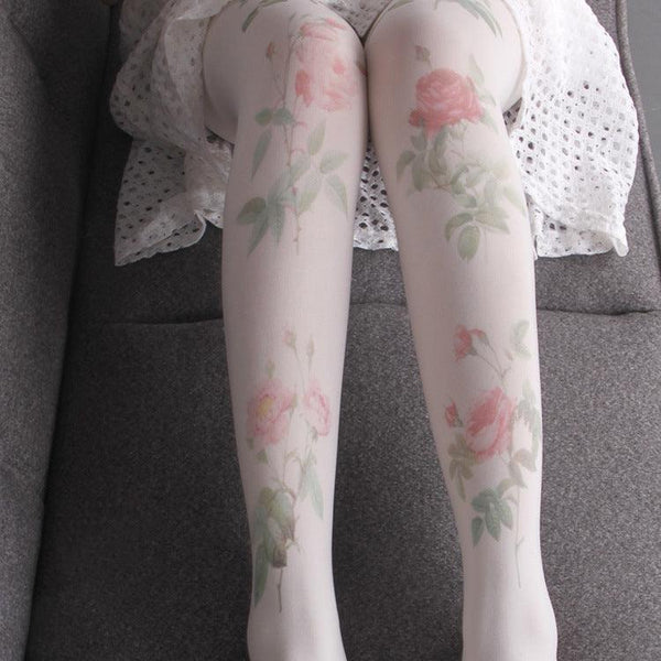 Anti - snag Silk Leggings Rose Velvet Girl Student Print Pantyhose - Amazitshop