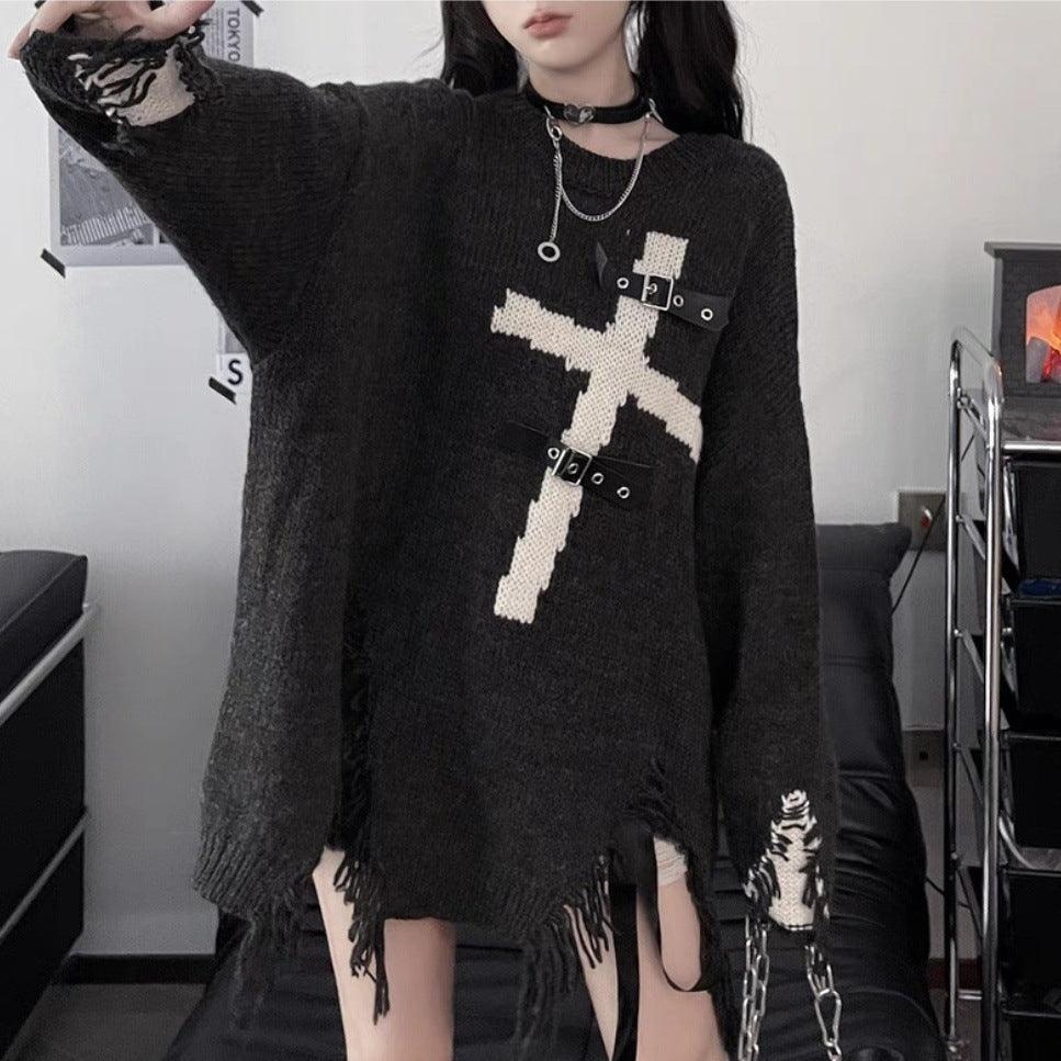 Asian Culture Punk Dark Cross Loose Sweater - Amazitshop