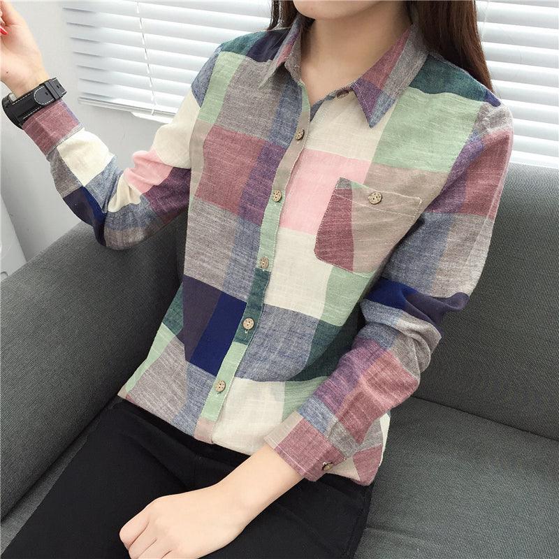 asual Plaid Women Blouses Kimono Vintage Linen Cotton Long Sleeve Blouse Female Shirts Tops - Amazitshop