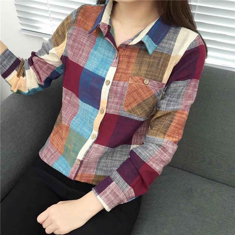 asual Plaid Women Blouses Kimono Vintage Linen Cotton Long Sleeve Blouse Female Shirts Tops - Amazitshop