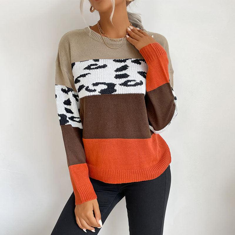 Autumn And Winter Leisure Top Leopard Print Color Matching Long Sleeve Pullover Sweater - Amazitshop