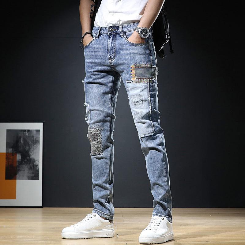 Autumn Light Denim Men's Slim Fit Ripped Leisure Trousers - Amazitshop