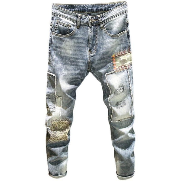 Autumn Light Denim Men's Slim Fit Ripped Leisure Trousers - Amazitshop