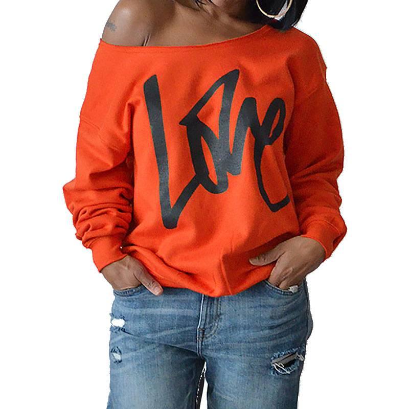 Autumn Women's Letter Love Print Sexy Leaky Off Shoulder Long Sleeve Purple Green Yellow Tees Sweat Shirt Tops - Amazitshop