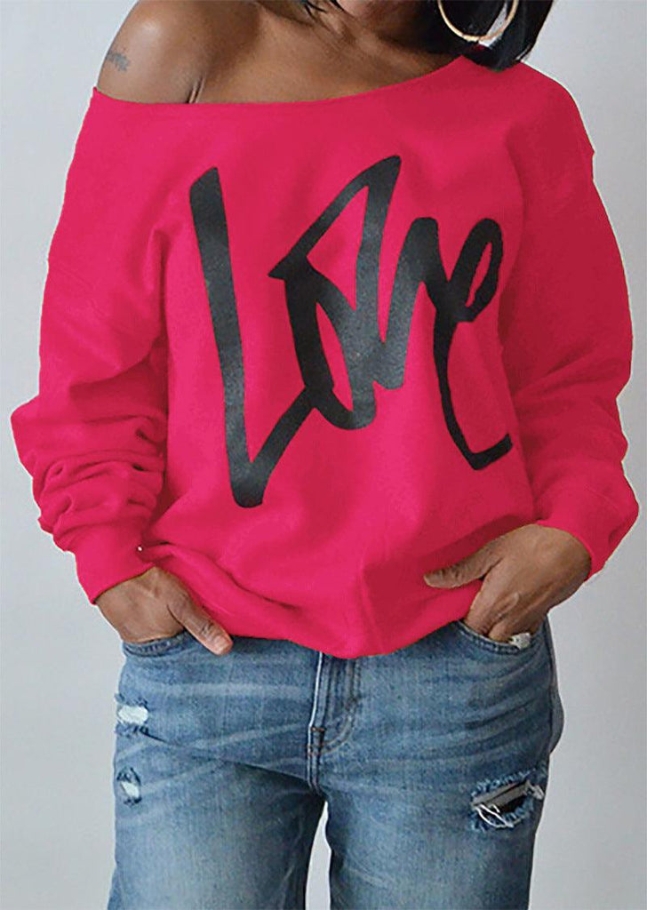 Autumn Women's Letter Love Print Sexy Leaky Off Shoulder Long Sleeve Purple Green Yellow Tees Sweat Shirt Tops - Amazitshop