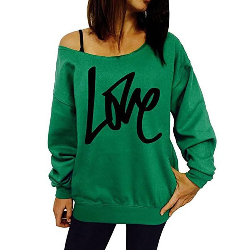 Autumn Women's Letter Love Print Sexy Leaky Off Shoulder Long Sleeve Purple Green Yellow Tees Sweat Shirt Tops - Amazitshop