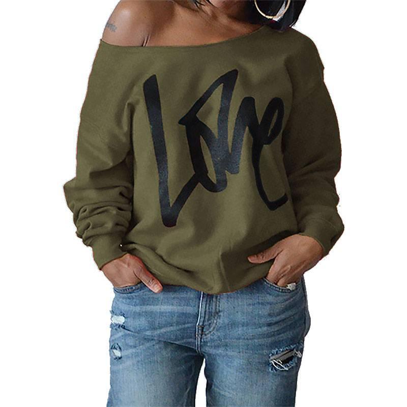 Autumn Women's Letter Love Print Sexy Leaky Off Shoulder Long Sleeve Purple Green Yellow Tees Sweat Shirt Tops - Amazitshop