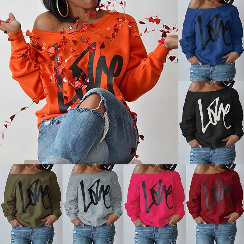 Autumn Women's Letter Love Print Sexy Leaky Off Shoulder Long Sleeve Purple Green Yellow Tees Sweat Shirt Tops - Amazitshop