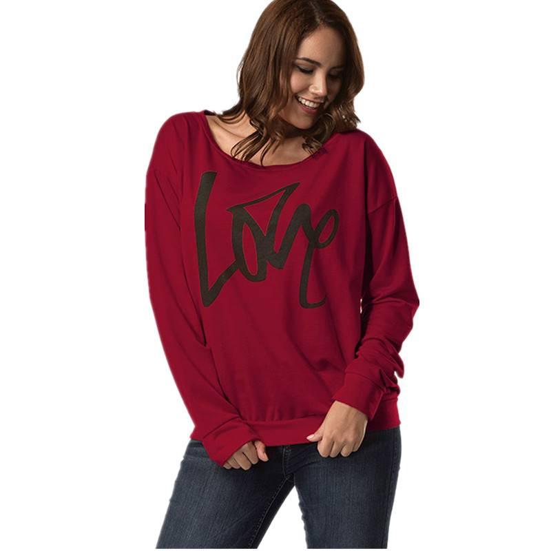 Autumn Women's Letter Love Print Sexy Leaky Off Shoulder Long Sleeve Purple Green Yellow Tees Sweat Shirt Tops - Amazitshop