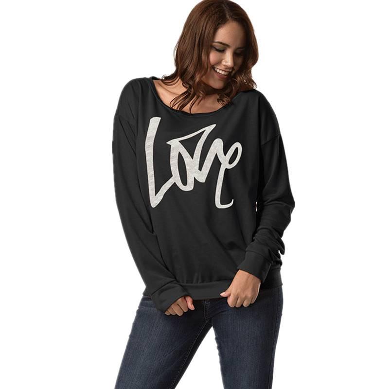 Autumn Women's Letter Love Print Sexy Leaky Off Shoulder Long Sleeve Purple Green Yellow Tees Sweat Shirt Tops - Amazitshop
