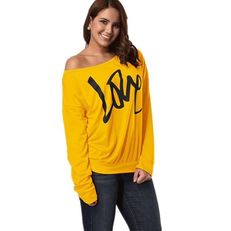 Autumn Women's Letter Love Print Sexy Leaky Off Shoulder Long Sleeve Purple Green Yellow Tees Sweat Shirt Tops - Amazitshop