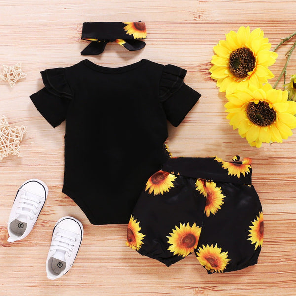 Baby Short - sleeved Letter Print Tops Shorts Hairband Three Pieces Set - Amazitshop