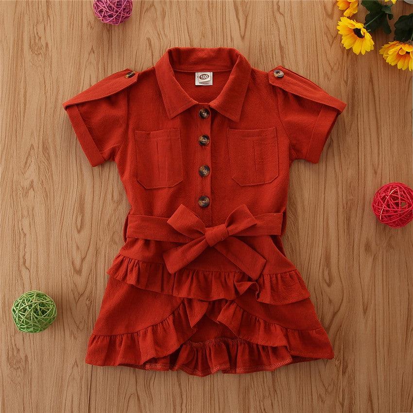 Baby Spring summer Clothing Toddler Girls Bandage Casual Dress Coat kids Ruffled Button solid dress - Amazitshop
