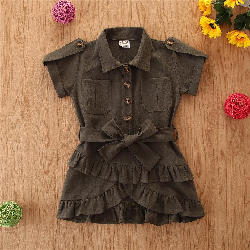 Baby Spring summer Clothing Toddler Girls Bandage Casual Dress Coat kids Ruffled Button solid dress - Amazitshop