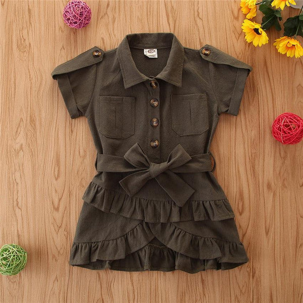 Baby Spring summer Clothing Toddler Girls Bandage Casual Dress Coat kids Ruffled Button solid dress - Amazitshop