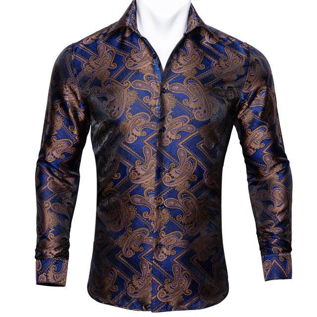 Barry.Wang Teal Paisley Floral Silk Shirts Men Autumn Long Sleeve Casual Flower Shirts For Men Designer Fit Dress Shirt BCY - 05 - Amazitshop