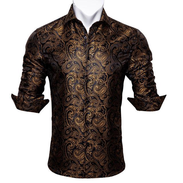 Barry.Wang Teal Paisley Floral Silk Shirts Men Autumn Long Sleeve Casual Flower Shirts For Men Designer Fit Dress Shirt BCY - 05 - Amazitshop