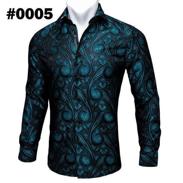 Barry.Wang Teal Paisley Floral Silk Shirts Men Autumn Long Sleeve Casual Flower Shirts For Men Designer Fit Dress Shirt BCY - 05 - Amazitshop