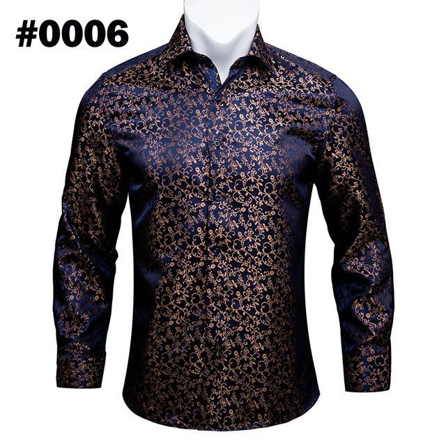 Barry.Wang Teal Paisley Floral Silk Shirts Men Autumn Long Sleeve Casual Flower Shirts For Men Designer Fit Dress Shirt BCY - 05 - Amazitshop