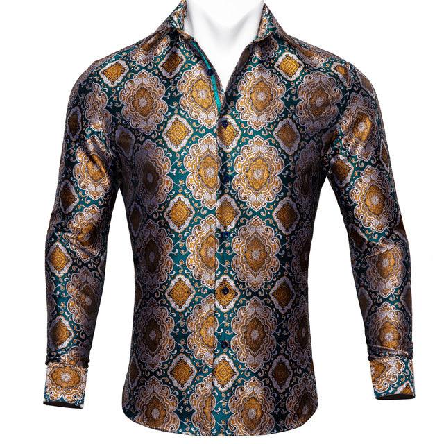 Barry.Wang Teal Paisley Floral Silk Shirts Men Autumn Long Sleeve Casual Flower Shirts For Men Designer Fit Dress Shirt BCY - 05 - Amazitshop